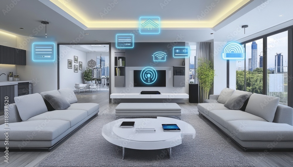 Modern living room with smart technology elements displayed above. Modern living room with smart technology elements displayed above.