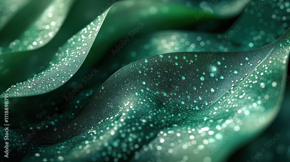 Dew-covered, emerald green leaves in a soft, undulating pattern. Dew-covered, emerald green leaves in a soft, undulating pattern.