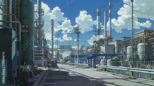 Industrial landscape with pipes, tanks, and a clear blue sky.