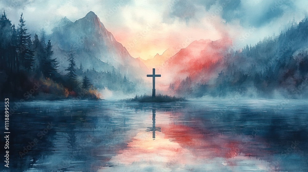 Obraz premium A cross in the middle of a lake, captured in colorful watercolor for a religious and serene scene