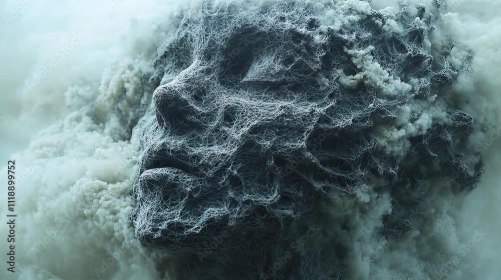 A cyborg head materializes from the cloud, its intricate form composed of thousands of interwoven lines A cyborg head materializes from the cloud, its intricate form composed of thousands of interwoven lines