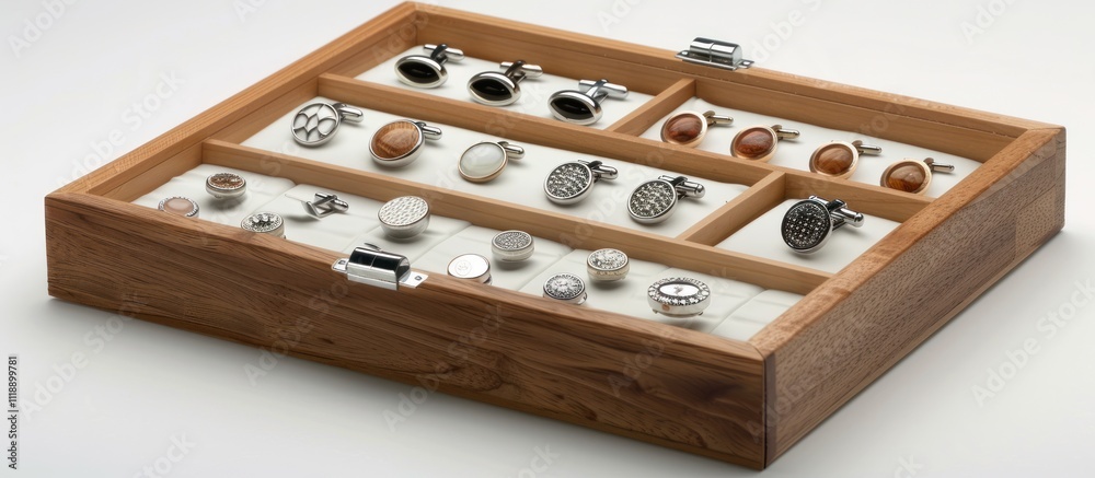 Wooden cufflinks box with various cufflinks. Wooden cufflinks box with various cufflinks.
