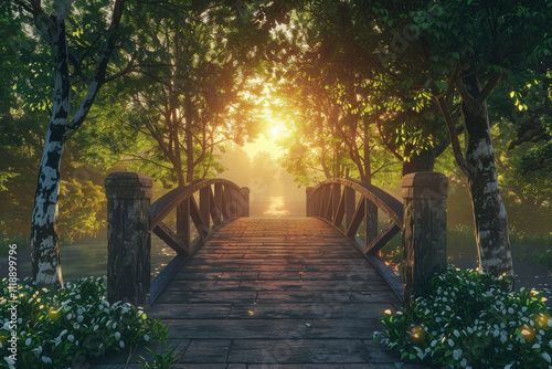 A serene bridge in a lush forest at sunrise, inviting tranquility and exploration.