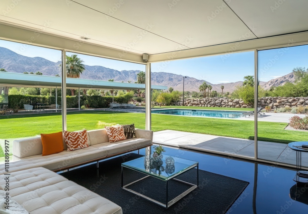 Modern living room with expansive view of pool and mountains. Modern living room with expansive view of pool and mountains.