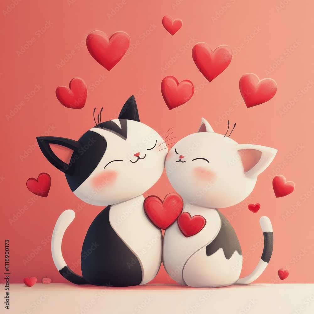 Obraz premium Cute Cartoon Animals in Love: A 2D Valentine's Scene