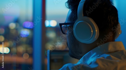 Man wearing noise-canceling headphones, focused and relaxed in a busy office environment, symbolizing the concept of noise cancellation and productivity enhancement. photo