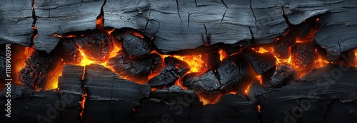 Halloween Charcoal Coals with Glowing Flames and Blackened Wood Texture for October BBQ Background and Horror Decor