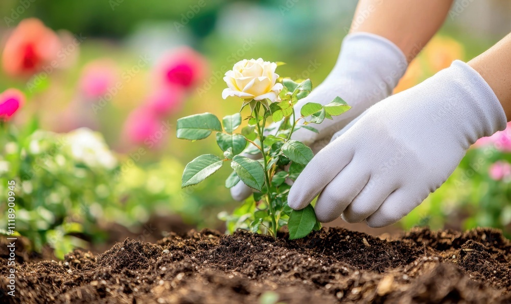 A person in gloves plants a young rose sapling into rich soil, surrounded by colorful flowers in a vibrant garden setting. A person in gloves plants a young rose sapling into rich soil, surrounded by colorful flowers in a vibrant garden setting.