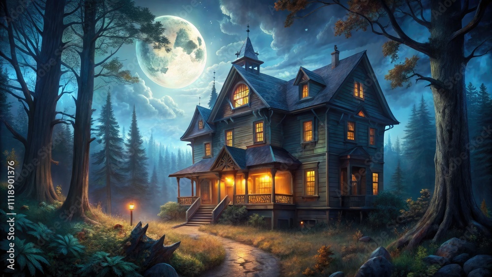 Spooky Haunted House in Dark Woods - Halloween Night Moonlit Illustration Spooky Haunted House in Dark Woods - Halloween Night Moonlit Illustration