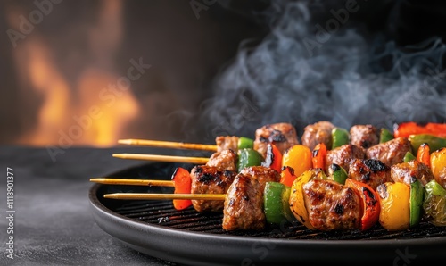 Colorful kebabs with meat and vegetables grill over smoky flames, showcasing delicious skewered barbecue on a dark plate.