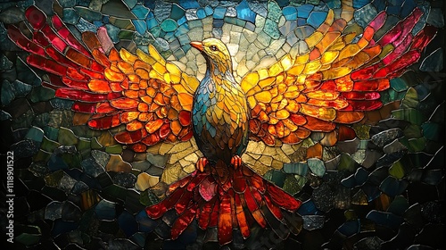 A dove is depicted in a stained glass picture, radiating with bright colors photo