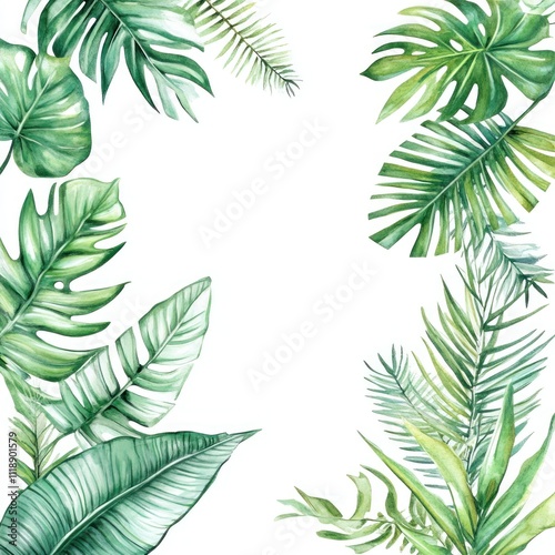 Here's a possible response following your specifications.. Lush tropical foliage frame, green leaves border, white background.