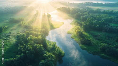 Fototapeta Naklejka Na Ścianę i Meble -  Scenic summer background. Sunbeams on river nature aerial view. Scenery sunny landscape. Amazing bright sunlight over river. Sun rays on green misty meadow