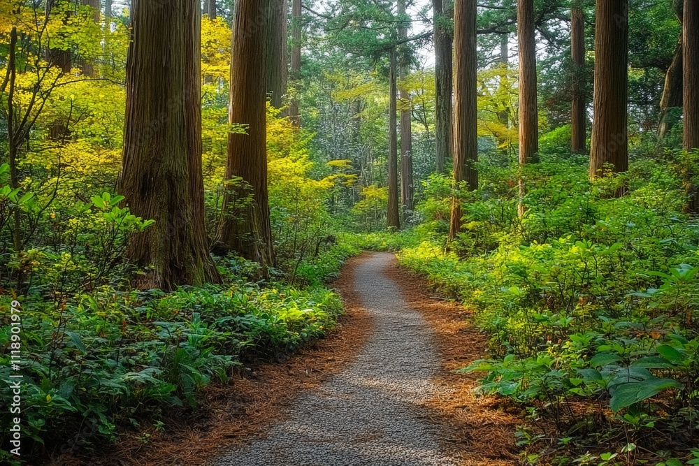 Fototapeta premium Serene forest trail with sunlight filtering through tall trees and lush greenery