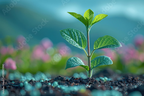 young green sprout growing from the soil against a blurred landscape 