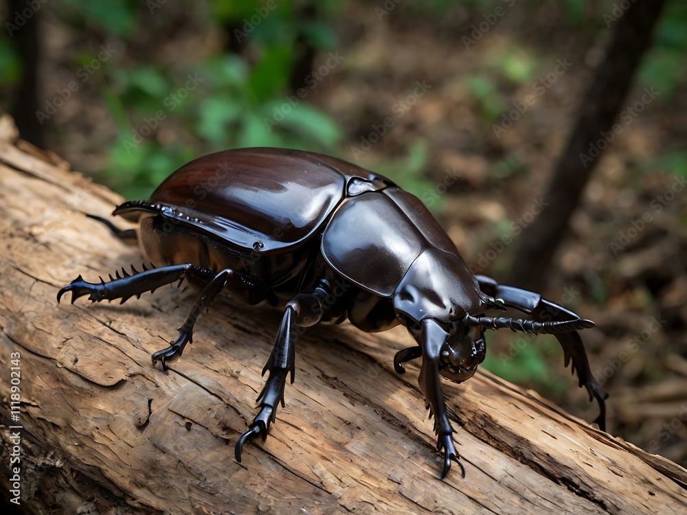 Black beetle crawling on a weathered log in a forest Black beetle crawling on a weathered log in a forest