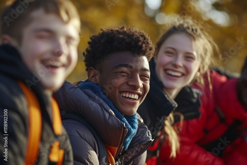 A group of happy friends enjoying a sunny day outdoors. Their smiles radiate joy and warmth. It is a moment captured in time. Generative AI photo