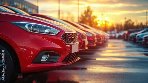 Shiny Red Cars for Sale at Sunset in Outdoor Parking Lot with Car Rental Service and Insurance Concept