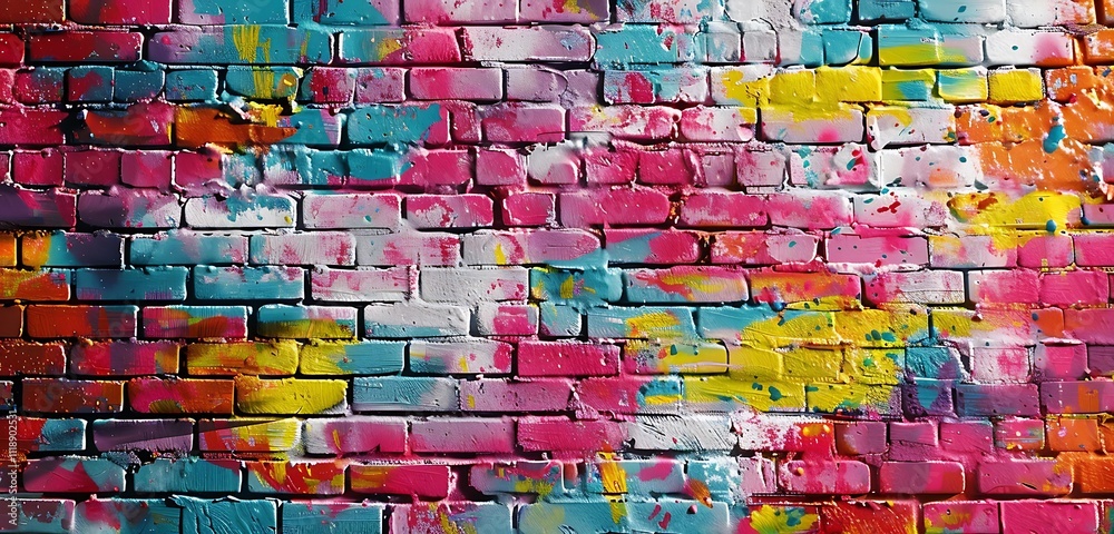 Expressive multicolor spray paint strokes on clean brick wall, adding vibrancy to urban-inspired spaces Expressive multicolor spray paint strokes on clean brick wall, adding vibrancy to urban-inspired spaces