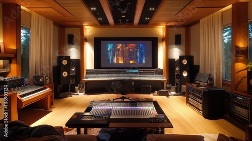 Professional Home Recording Studio with Wooden Paneling and Large Window