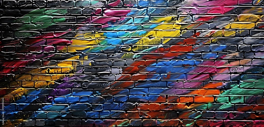 Expressive multicolor spray paint strokes on sleek brick wall, adding vibrancy to artistic spaces