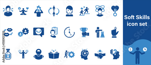 Soft skills editable icon set, mindset, planning, critical thinking, self, growth, promotion, symbol, education, sign, professional, workforce, development, policy and more.