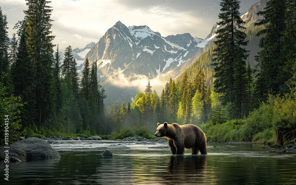 A brown bear standing in the middle of a river, with a forest and mountain background A brown bear standing in the middle of a river, with a forest and mountain background