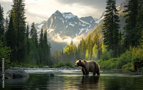 A brown bear standing in the middle of a river, with a forest and mountain background
