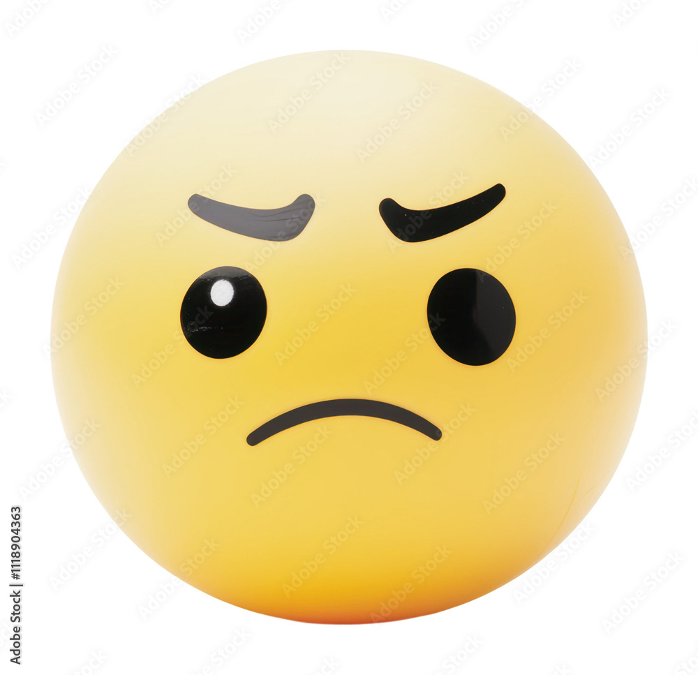 Fototapeta premium Emotional yellow ball with a frowning expression, cut out - stock png.