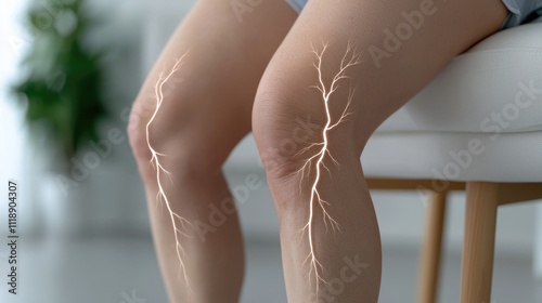 Depiction of nerve pain and fatigue: a person with exhausted legs, showing physical strain of nerve pain, focusing on discomfort and heaviness that comes with persistent aching in the lower body. photo