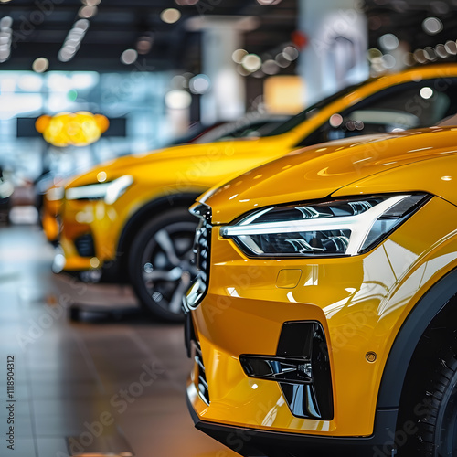Bright yellow cars are displayed in a contemporary showroom, highlighting their innovative technology and design, providing customers with a stateoftheart automotive experience