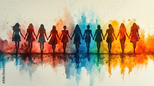 A group of people holding hands and joyfully walking forward, depicted in a watercolor style