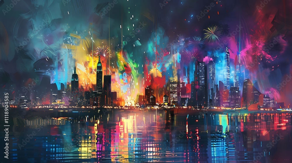 Fototapeta premium Fireworks illuminating a night sky over a modern city, reflected on a river, vibrant colors