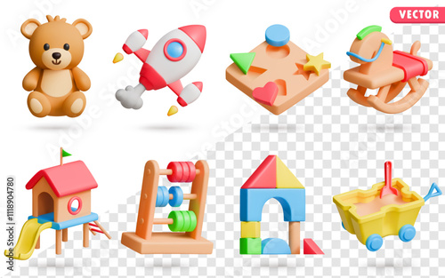 Kids Toys 3D Vector Icon Set: Teddy Bear, Toy Rocket, Shape Sorter Puzzle, Rocking Horse, Playhouse with Slide, Abacus, Geometric Building Blocks, Sand Cart with Shovel.
