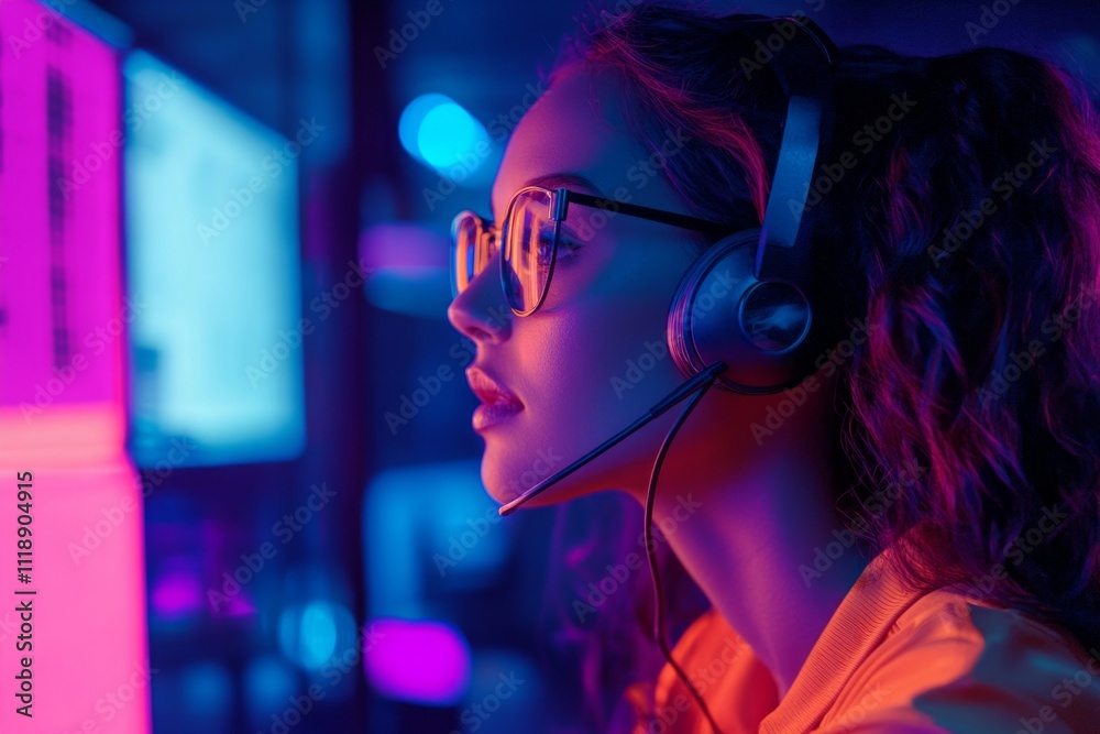 A focused woman in a headset engages with technology. The vibrant colors create a dynamic atmosphere. She exemplifies modern communication. Generative AI A focused woman in a headset engages with technology. The vibrant colors create a dynamic atmosphere. She exemplifies modern communication. Generative AI