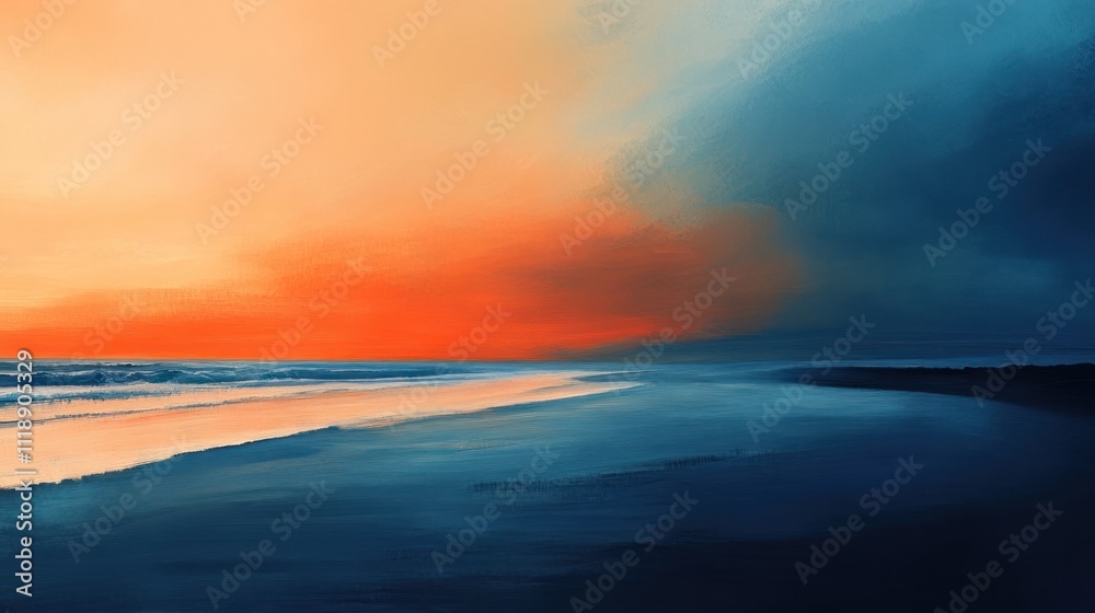Fototapeta premium A beach scene with the sky fading from orange to indigo