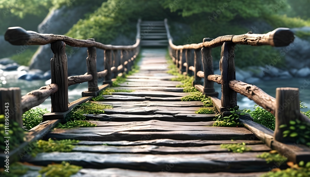 Obraz premium Charming Rustic Wooden Bridge Over a Stream Surrounded by Lush Greenery and Sunlit Natural Beauty