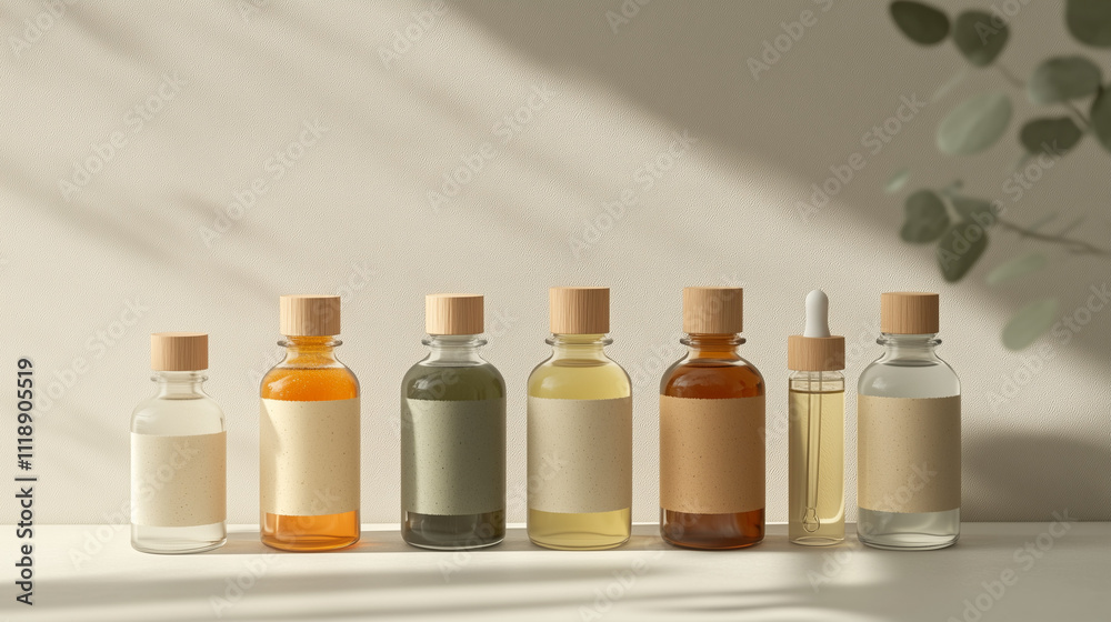 Collection of eye drop bottles with natural ingredients displayed on neutral background, earthy tones, eco-friendly packaging, modern look Collection of eye drop bottles with natural ingredients displayed on neutral background, earthy tones, eco-friendly packaging, modern look