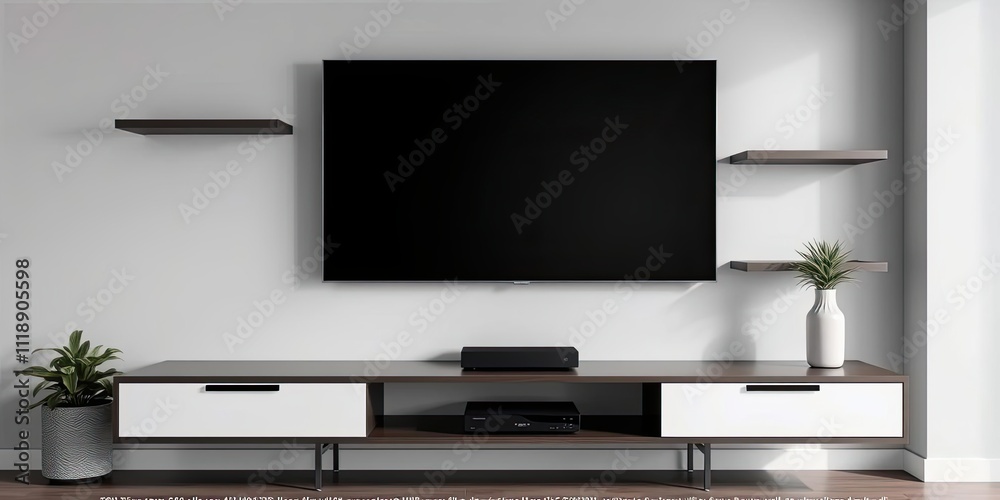 A large black TV mounted on the wall with a minimalist entertainment center below, electronic decor, home theater A large black TV mounted on the wall with a minimalist entertainment center below, electronic decor, home theater