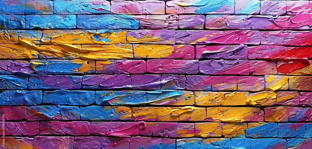 Expressive multicolor spray paint strokes on textured brick wall background, adding vibrancy to artistic settings Expressive multicolor spray paint strokes on textured brick wall background, adding vibrancy to artistic settings