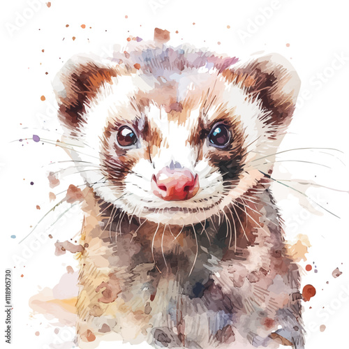 A watercolor illustration of a ferret, isolated on a white background. Ferret vector.