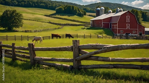Rural Farm Scene With Red Barn And Grazing Animals