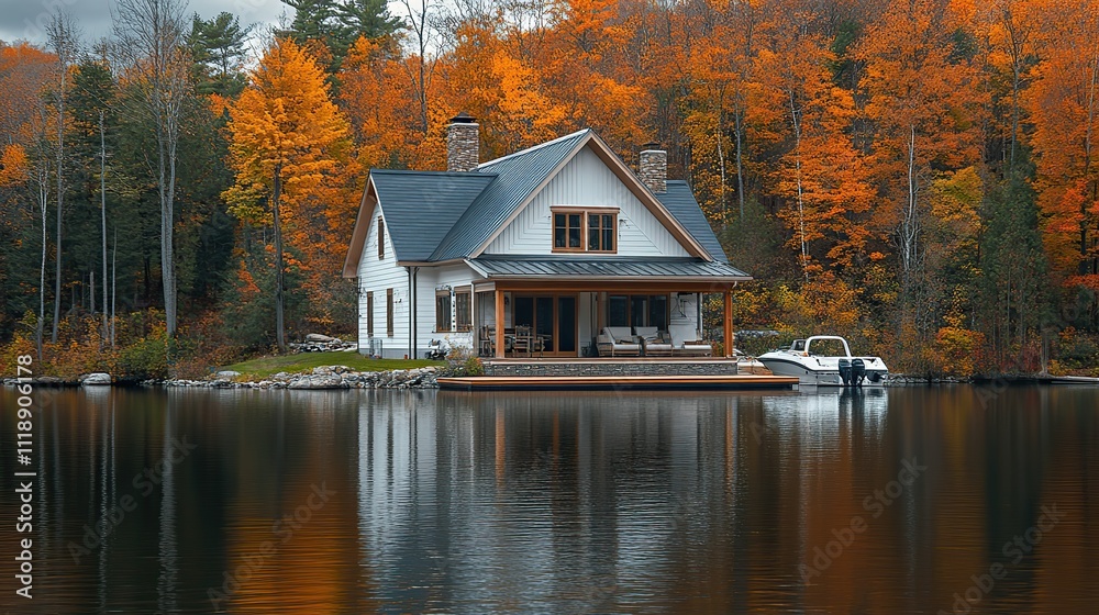 A lakeside house with white vinyl siding and a dock, with a boat parked nearby, set against a peaceful backdrop A lakeside house with white vinyl siding and a dock, with a boat parked nearby, set against a peaceful backdrop