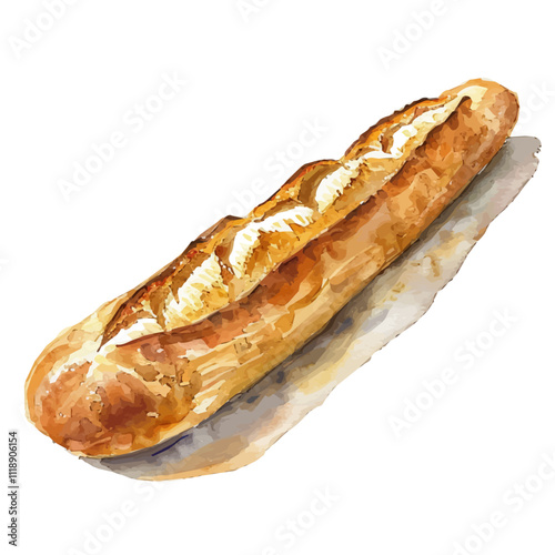 A watercolor painting of a fresh baguette, isolated on a white background. Fresh baguette vector.