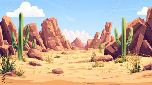 A cartoon vector illustration of an old western desert with cacti and rocks, wild west background style