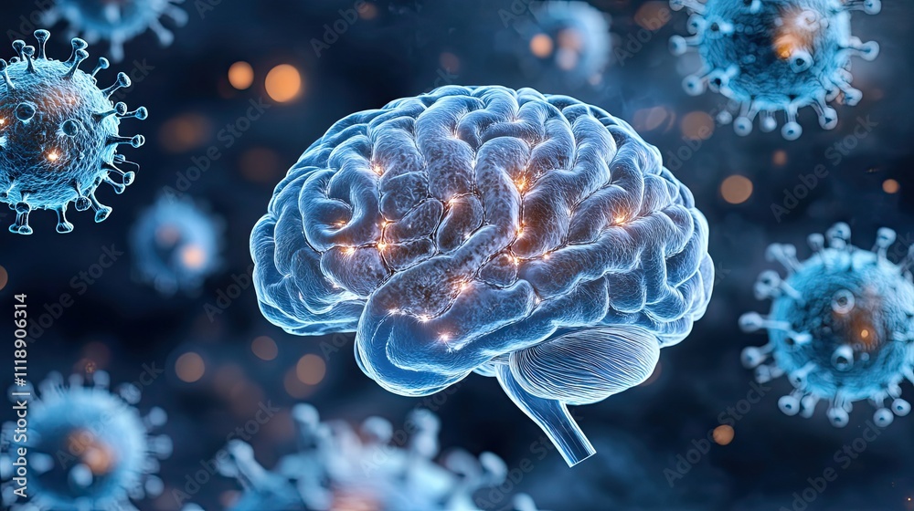 Obraz premium A light blue human brain is surrounded by cartoon-style corona virus particles, illustrating the impact of the virus on the nervous system
