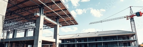 Construction engineers standing on a new concrete floor top of a building roof with a crane in the background, concrete floor, structural integrity photo