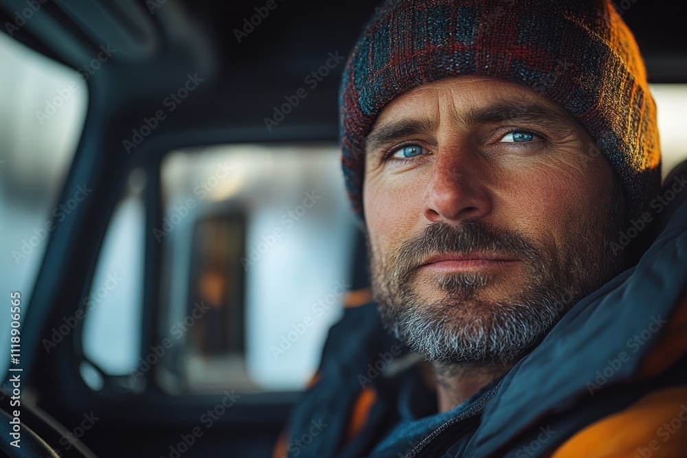 Joyful truck driver portrait in sunlit cabin with warm lighting focusing on driver and truck