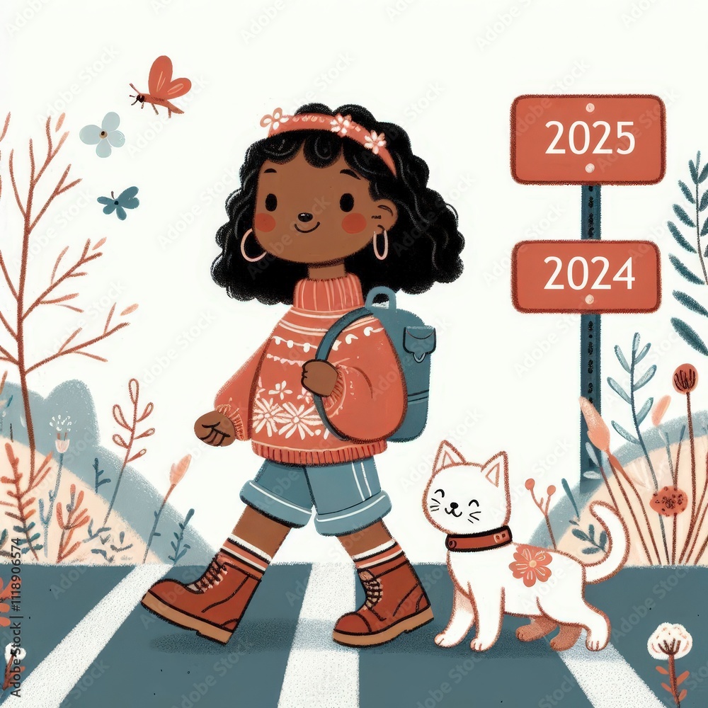 a girl with a backpack and a cat on the ground a girl with a backpack and a cat on the ground