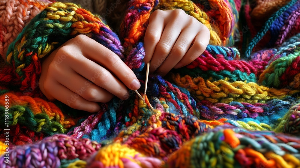 Obraz premium A close-up of hands knitting a colorful scarf, with yarn and needles nearby, illustrating a cozy crafting activity